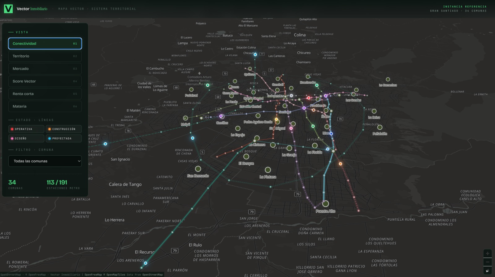 Map Pro · lectura territorial por capas sobre el Gran Santiago